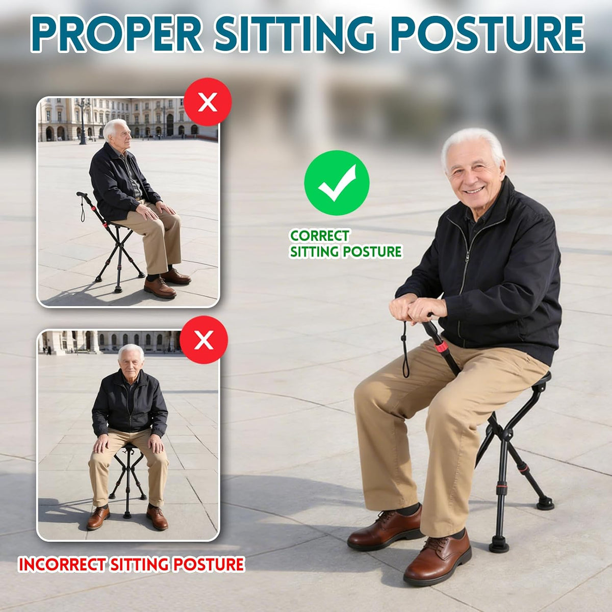 Cane with Seat, Adjustable Unisex Cane with Seat Folding Lightweight
