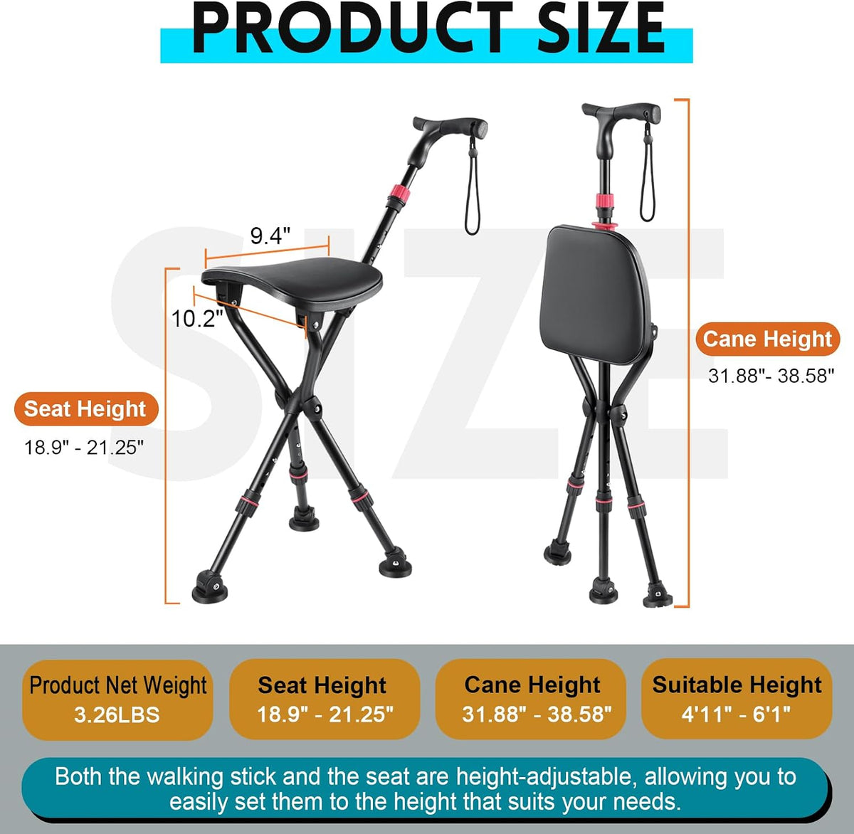 Cane with Seat, Adjustable Unisex Cane with Seat Folding Lightweight
