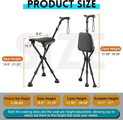 Cane with Seat, Adjustable Unisex Cane with Seat Folding Lightweight