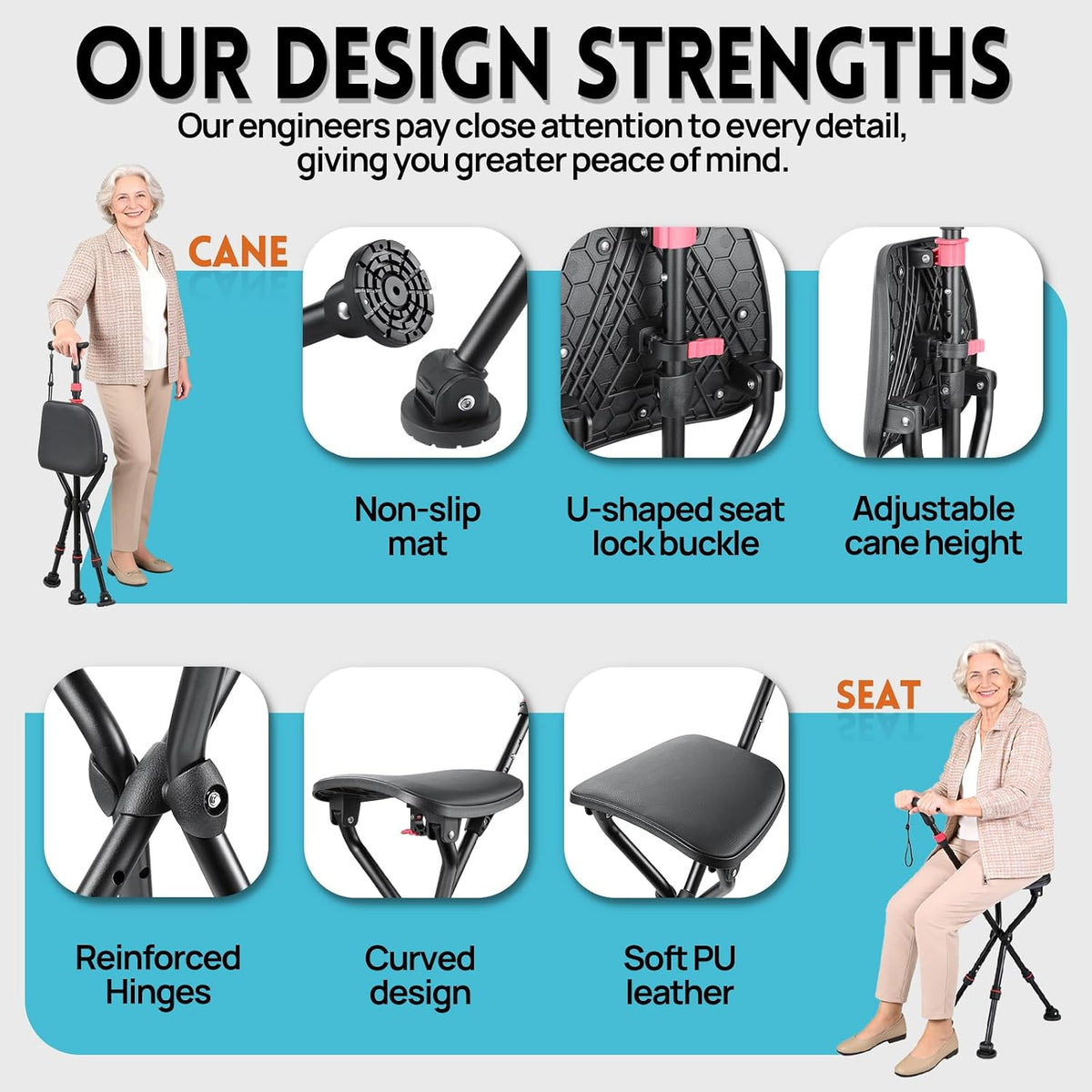 Cane with Seat, Adjustable Unisex Cane with Seat Folding Lightweight