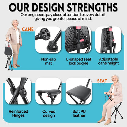 Cane with Seat, Adjustable Unisex Cane with Seat Folding Lightweight