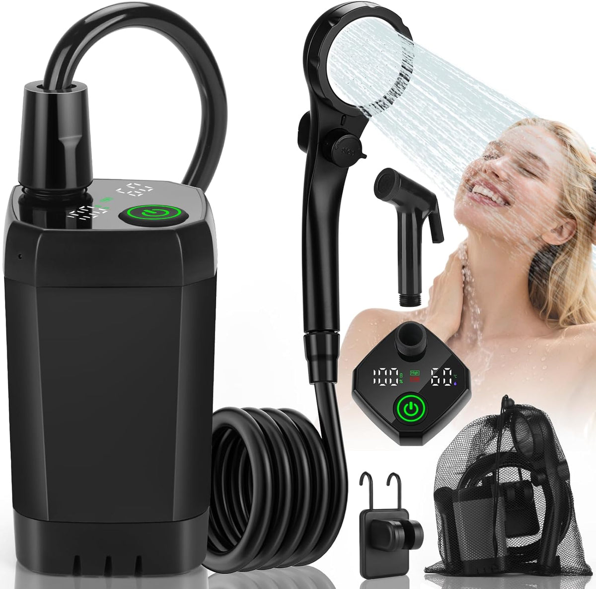 Portable Shower for Camping, Rechargeable Camping Shower Pump with LED Display of Battery Level and Temperature