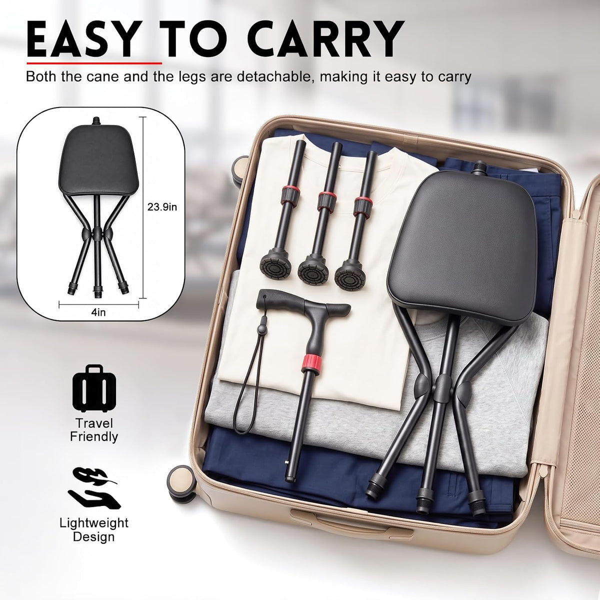 Cane with Seat, Adjustable Unisex Cane with Seat Folding Lightweight