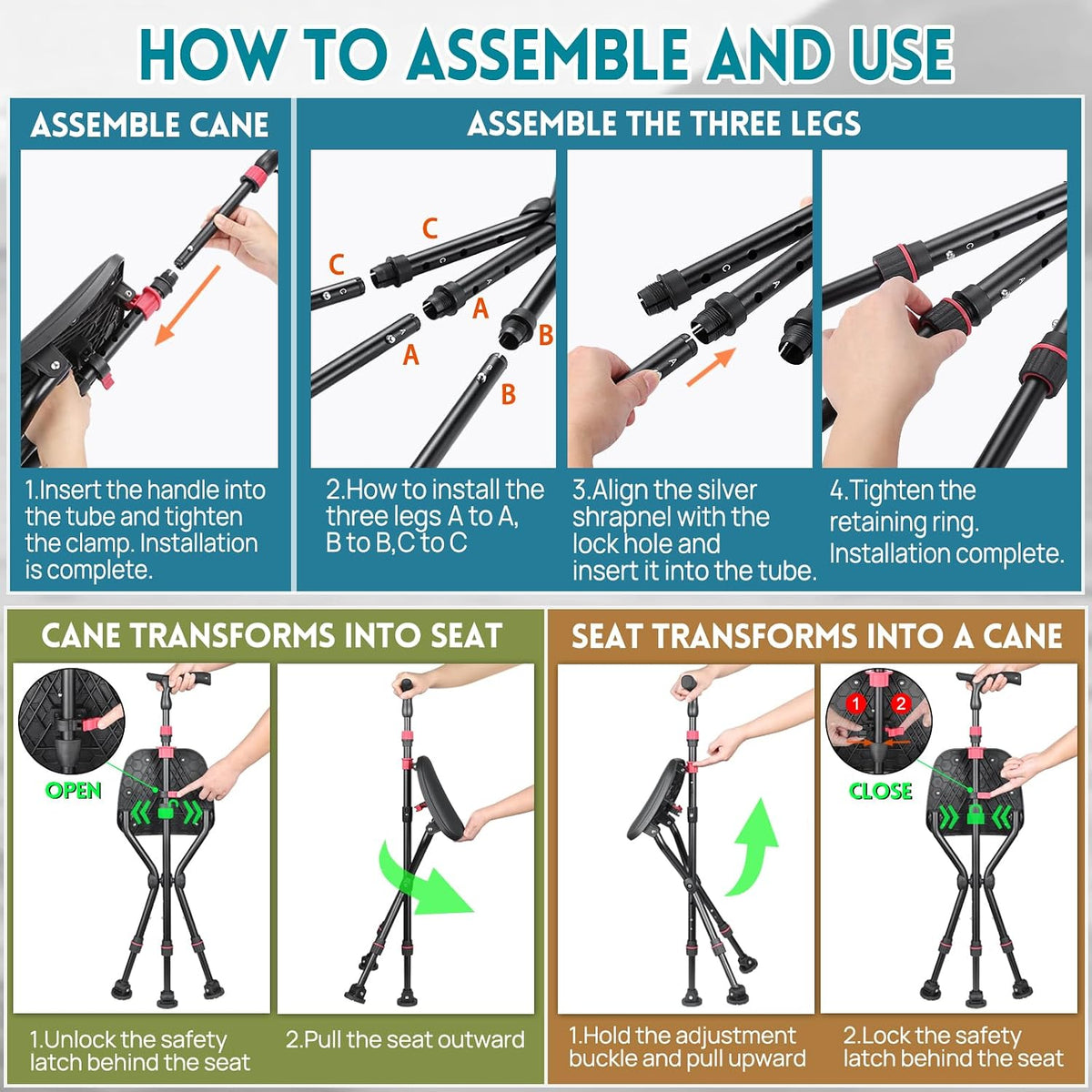 Cane with Seat, Adjustable Unisex Cane with Seat Folding Lightweight