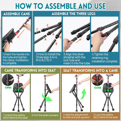 Cane with Seat, Adjustable Unisex Cane with Seat Folding Lightweight