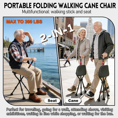 Cane with Seat, Adjustable Unisex Cane with Seat Folding Lightweight
