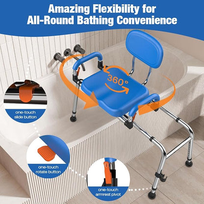 Sliding Shower Chair with 360° Swivel Seat, 450 LB Heavy-Duty Tub Transfer Bench, Adjustable Height & Width, Bathtub Shower Seat for Seniors & Adults